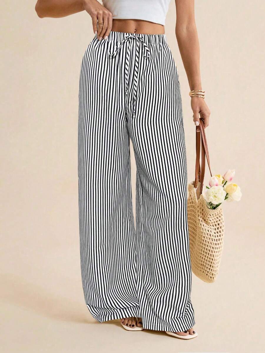 SHEIN Tall Casual Knotted Elastic Waist Striped Women Pants - Black and White - View 1