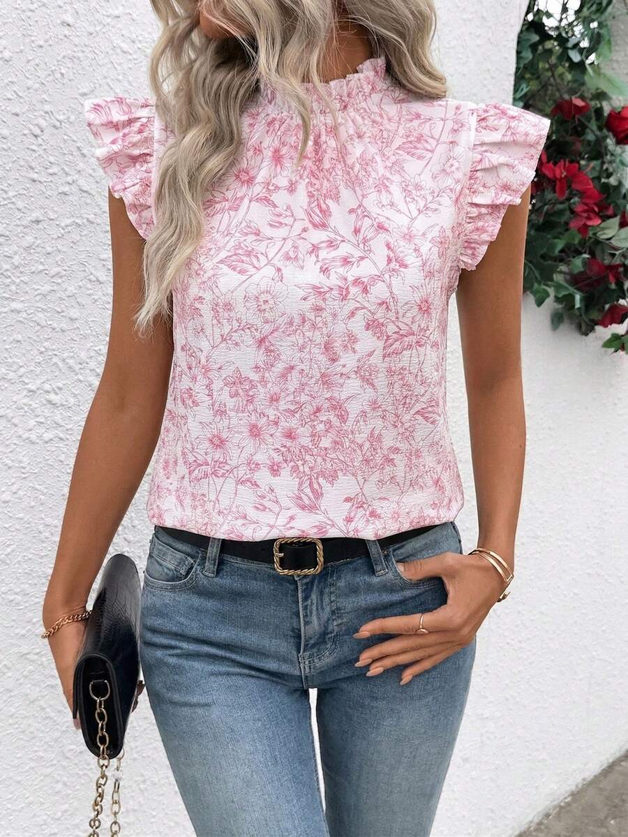 SHEIN Clasi 浪漫优雅印花短袖衬衫 - 粉色 - 查看 1