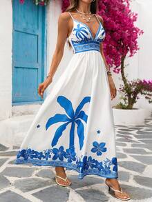 Vivid Eden 女士休闲优雅浪漫度假印花V领吊带连衣裙，女士蓝色连衣裙和女士白色连衣裙 - 藍白色 - 查看 16