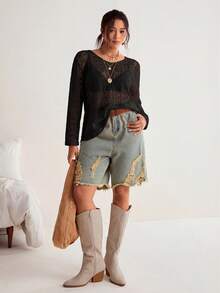 Freevana 大码女式V领长袖提花休闲T恤 - 黑色 - 查看 5