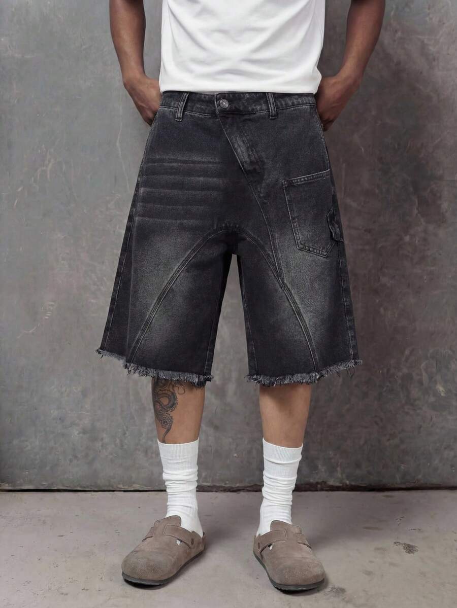 RHETRK European And American Patchwork Asymmetric Zipper Denim Shorts - Black - View 1
