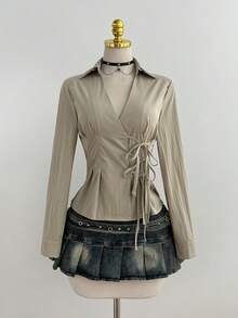 Elamini 性感立领侧边系带修身长袖女式衬衫 - 卡其色 - 查看 4