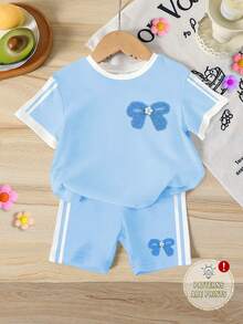 Bộ áo và quần short giả nơ màu xanh dương cho bé gái, trang phục thường ngày mùa hè cho trẻ em, quần short đạp xe kẻ sọc tương phản kiểu thể thao. - Nhiều màu - Xem 2
