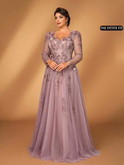 Serin Petite Curve Petite Fit For The 150-160cm,Petite Perfect,Designed For Petites,Plus-Size Petite Elegant And Glamorous Pink And Purple Sequined Embroidery Patchwork Mesh Sweetheart Neckline Long Sleeves Appliques Design Voluminous Suitable For Dinner Parties Dances Weddings And Music Festivals Mother Of The Bride Dress Guest Dress