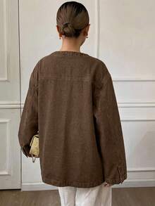 Livesso Áo khoác denim dáng rộng buộc dây dành cho nữ, mùa thu - màu nâu - Xem 2