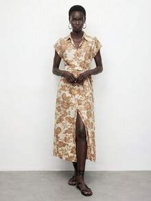 Maija 2026春夏女士碎花纽扣休闲连衣裙，前中开襟纽扣设计，翻领短袖，腰部系带。适合夏季海滩度假，女士夏季连衣裙，女士海滩装扮，女士度假装，女士碎花连衣裙 - 杏色 - 查看 2