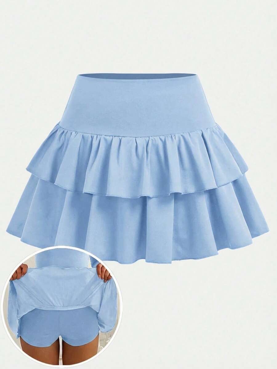 SHEIN Girlism 青少年女孩運動滑板裙附內褲,荷葉邊下擺淺藍色夏季休閒運動短裙,百搭校服短裙 - 淺藍色 - 查看 1