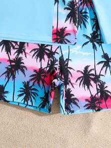 SHEIN Tween Boys Swimwear, Green Coconut Tree Print Casual Sporty Swimsuit, Suitable For Vacation And Summer - Blue - View 4