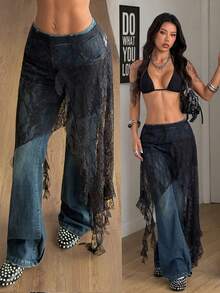 Coolane Women's Summer Music Festival HolidayY2K Chic Going Out Vacation Outfits Lace Stretchy Comfortable Ruffle Black Skirt - Black - View 3