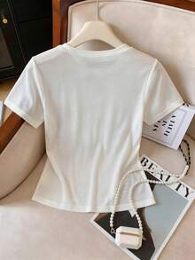 女士新款夏季轻薄透气蕾丝拼接假两件式T恤，休闲款 - 杏色 - 查看 2