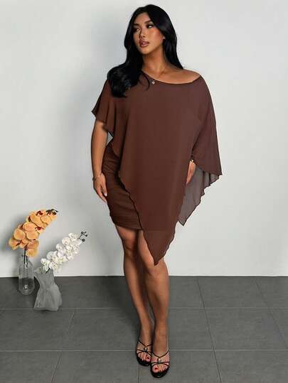 Firerie Women's Elegant Casual Urban Chic Commute Beach Holiday Wedding Guest Daily Comfortable Asymmetric Chiffon Sheer Brown Mini Dress, Suitable For Spring/Summer