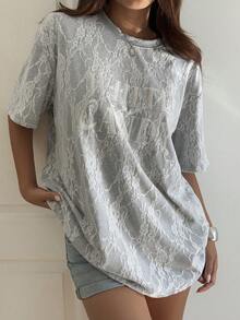 Livesso Lace Round Neck Loose Letter Print Short Sleeve T-Shirt For Women - Grey - View 2