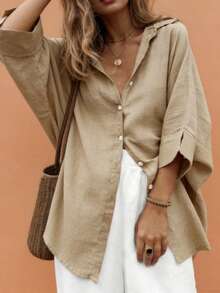 EMERY ROSE Plus-Size Women's Khaki Summer Smart Casual Loose-Fit Drop-Shoulder Collared Shirt,Simple Versatile Vacation Holiday Resort-Style Solid-Color Tops - Apricot - View 4