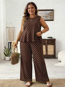 SHEIN LUNE 大码女式波点圆领上衣和阔腿裤休闲日常两件套，适合夏季穿着 - 彩色 - 查看 3