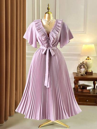 Rometta Plus Size Women V-Neck Ruffle Short Sleeve Tie Waist Bow Pleated Flare Elegant Dress