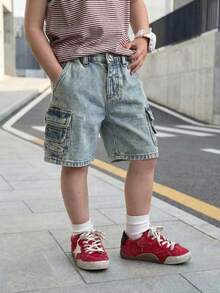 Quần short denim màu xanh nhạt kiểu retro cho bé trai, thời trang và đa năng. - Màu xanh lam - Xem 1