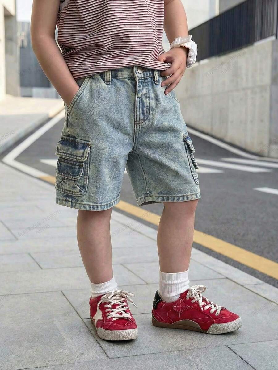 Quần short denim màu xanh nhạt kiểu retro cho bé trai, thời trang và đa năng. - Màu xanh lam - Xem 1