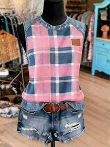SHEIN LUNE Multicolor Plaid Print Women Tank Top Regular Length Round Neck Casual Style - Multicolor - View 1