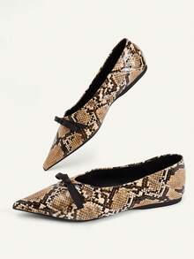 CUCCOO CHICEST Mũi nhọn, nơ thấp ở phần mu bàn chân, đế bằng, thoải mái và đa năng, đế mềm thời trang, giày búp bê thanh lịch, giày ba lê nữ họa tiết da rắn màu mơ - Màu be - Xem 6