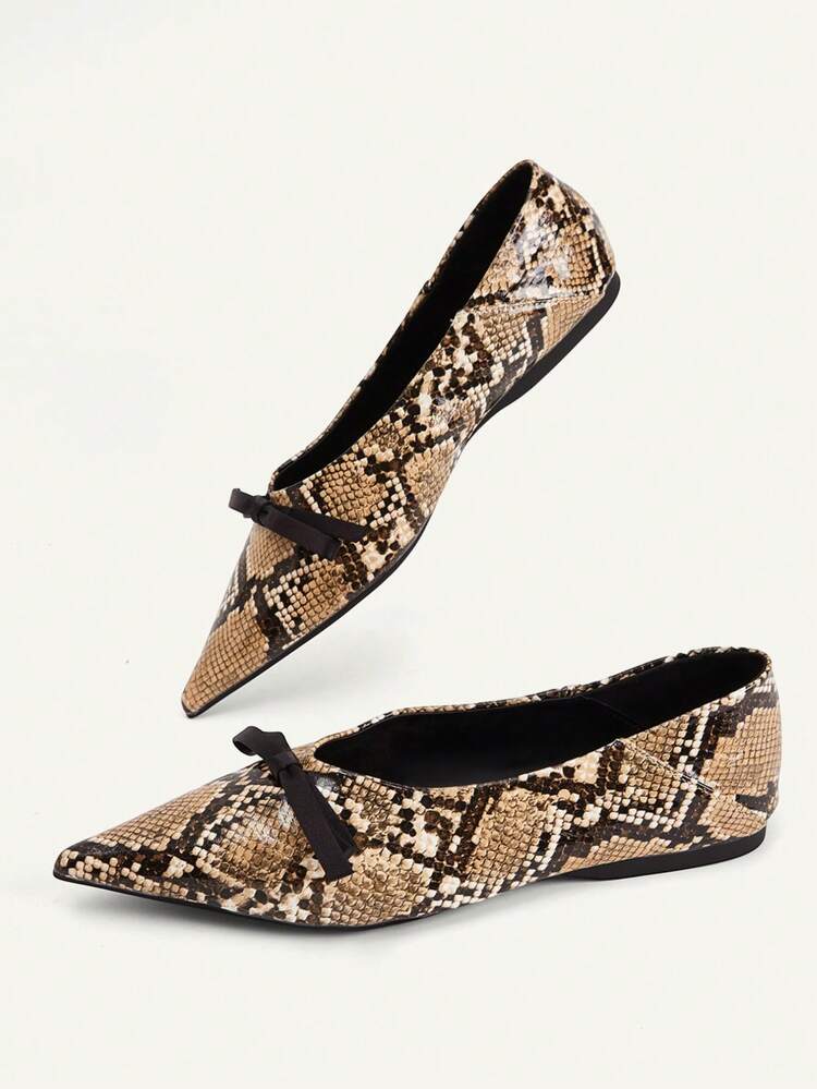 CUCCOO CHICEST Pointed Toe, Low Vamp Bow, Flat Bottom, Comfortable And Versatile, Fashionable Soft Sole, Elegant Fairy Shoes, Snake Pattern Apricot Ballet Women's Shoes