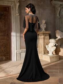 Aureia Elegant, Romantic, Fashionable Black Elastic Fabric Mesh Patchwork Rhinestone Decor Fishtail Hem Dress, Suitable For Elegant Party, Wedding Guest Attire, Formal Evening Gown - Black - View 3