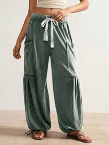 Bohemela Pantalones casuales sueltos con cordón en la cintura para tallas grandes - Verde militar - Ver 6