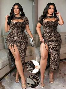 NU&NOW Plus Size Women Leopard Print Knit Midi Dress,Brown,Autumn,70's,Night Out Club,Party,Hollow-Out Front,Metal Eyelet,High Slit Drawstring Bodycon - Multicolor - View 1