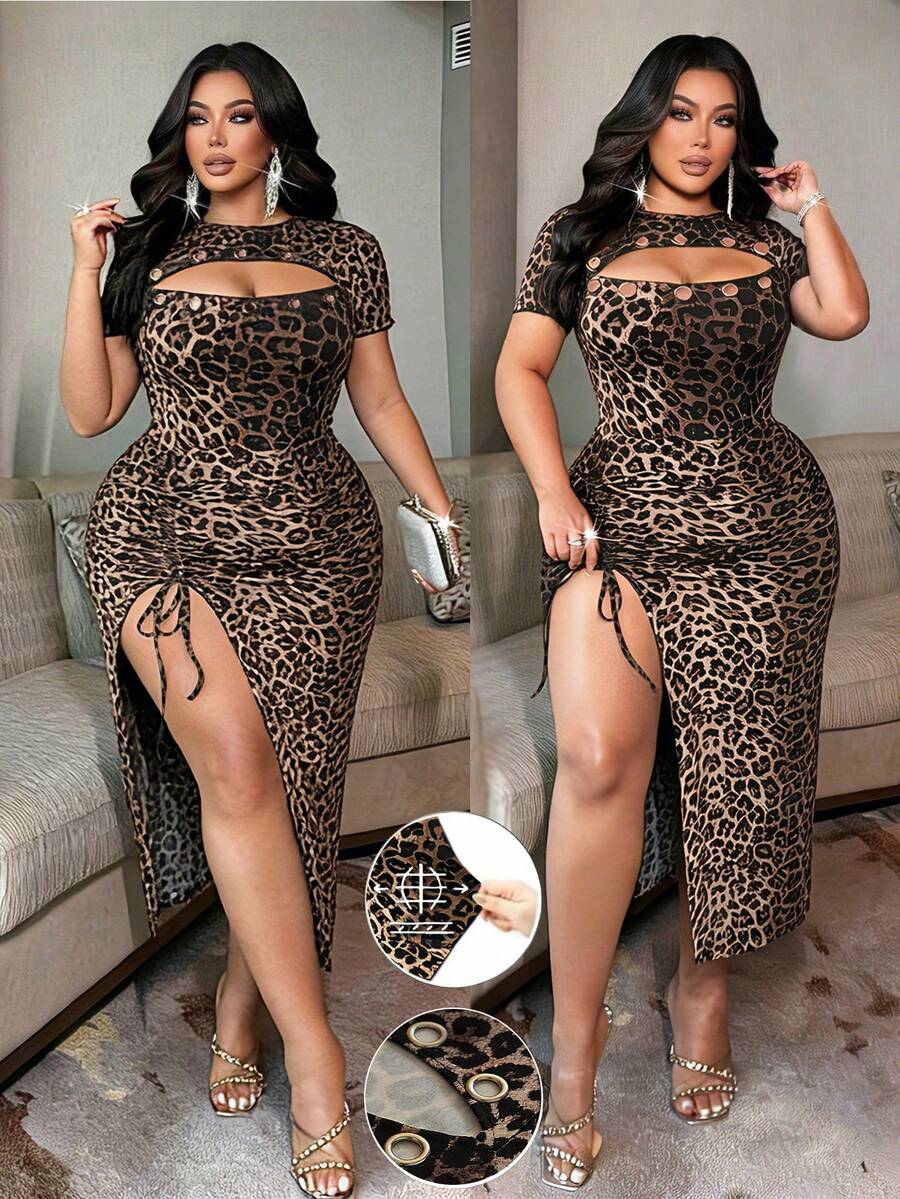 NU&NOW Plus Size Women Leopard Print Knit Midi Dress,Brown,Autumn,70's,Night Out Club,Party,Hollow-Out Front,Metal Eyelet,High Slit Drawstring Bodycon - Multicolor - View 1