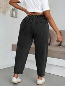 Dripcurv Plus Size Women High Waist Pocketed Distressed Tapered Casual Jeans - Black - View 2