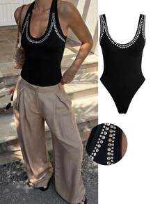 Lavishia Women's Fashionable Halter Beaded Sexy Bodysuit, Summer Women S Vest Tops Rhinestone Chain Top Rhinestone Bathing Suit Rhinestone Bodysuit Bling Top - Black - View 11