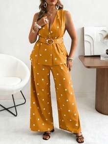 Ceyna Conjunto de chaleco de lunares clásico retro y pantalones de pierna ancha para mujer talla grande, conjunto de atuendos de vacaciones de verano - Amarillo - Ver 4