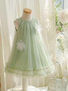 SHEIN Glamorique Kids 小女孩绿色无袖碎花连衣裙，甜美可爱，优雅迷人 - 綠色 - 查看 2