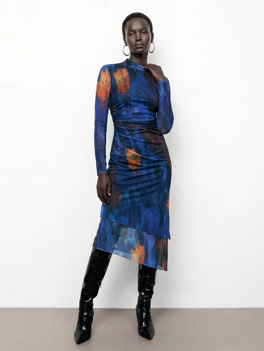 Maija 2026春夏优雅蓝色扎染印花露背修身长裙，时尚设计，适合派对、约会、商务、休闲、办公等场合，低调复古风，高品质都市通勤装，杂志编辑同款，都市社交度假派对穿搭，魅力女士长裙。 - 彩色 - 查看 1