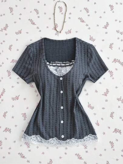 Elamini Áo thun ngắn tay nữ thời trang phối ren và cúc, đa năng cho các buổi hẹn hò và tụ họp.