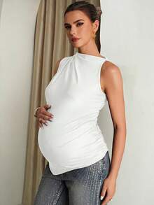 MaterniChic Maternity Summer Casual Solid Color Asymmetric Hem Sleeveless Shirt - White - View 6