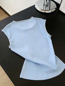 GlowEve 2026夏季新款优雅蓝色短袖U领珍珠边修身无袖T恤 - 淺藍色 - 查看 2