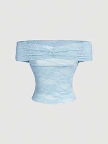 SHEIN MOD 女士蕾丝拼接荷叶边休闲百搭日常上衣 - 藍色 - 查看 8