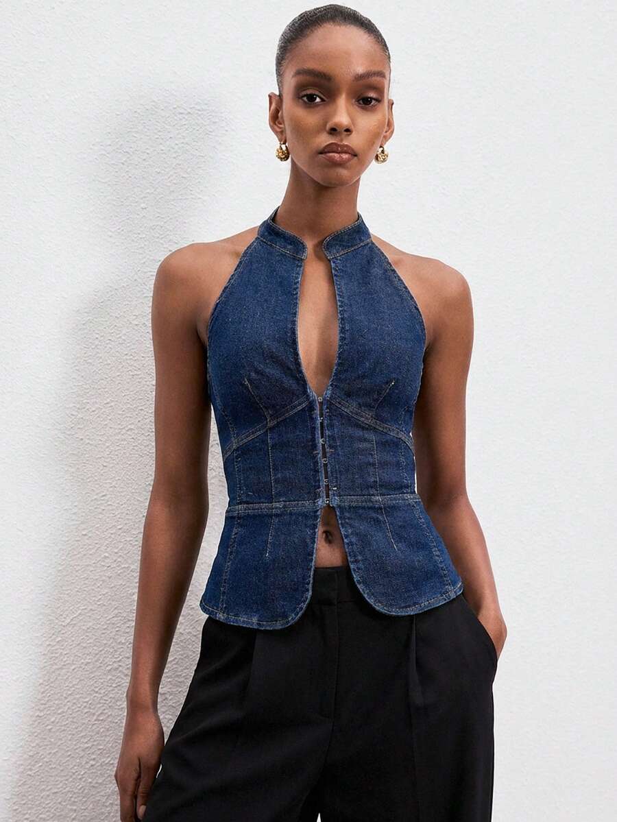 ATUI Studio Women's Front Button Closure Fitted Sexy Halter Denim Blouse - Blue - View 1