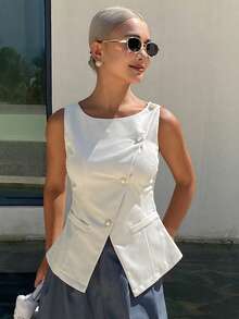 DAZY Women's Sleeveless Asymmetric Collar Solid Color Vest, Elegant Basic Formal Swimming Summer Top White - White - View 5