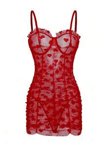 Heart Mesh Frill Trim Underwire Sexy Lingerie Dress & Thong Bridallingerie - Red - View 4