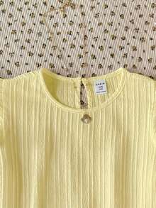 SHEIN Áo thun cổ tròn tay bồng chất liệu vải dệt họa tiết, màu vàng, dành cho bé gái tuổi teen. - Màu vàng - Xem 3