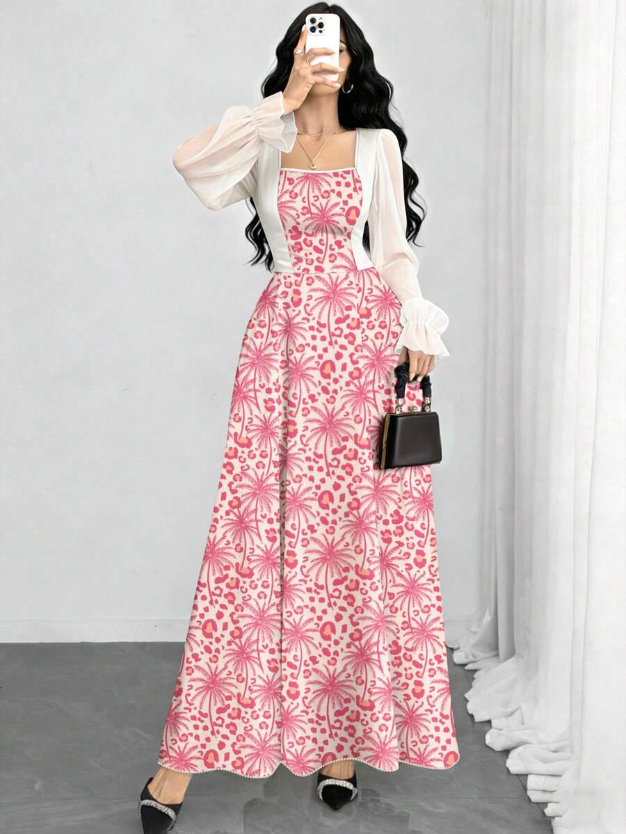Modelyn 椰子树与豹纹复古图案优雅连衣裙,时尚方领灯笼袖设计,收腰长裙,适合夏季度假和日常穿着。 - 彩色 - 查看 1