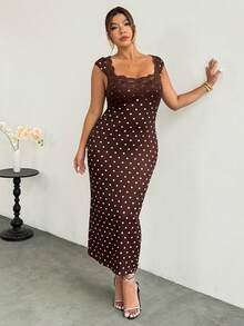 Firerie Elegantes figurbetontes Kleid in Große Größen mit Polka-Punkten und Spitzenkontrast - Braun - Übersicht 3