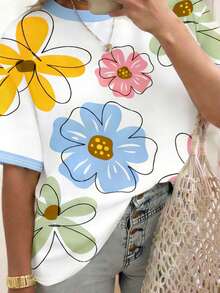 EMERY ROSE Women's Casual Short-Sleeved T-Shirt,Floral Pattern,Loose Round Neck,Retro Style,White,Summer,Smart Casual,Vacation,Machine Washable,Comfortable&Cute - Multicolor - View 3