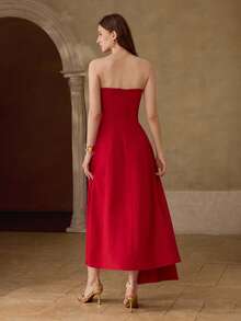 MOTF PREMIUM VESTIDO ELEGANTE CON PLIEGUES PLEGADOS SIN TIRANTES - Rojo - Ver 3