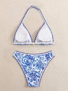 SHEIN Conjunto de bikini de 2 piezas con cuello de halter y ribete a rayas para adolescentes y mujeres, traje de baño de verano para vacaciones, traje de baño modesto de playa azul con estampado floral para adolescentes - Azul - Ver 2