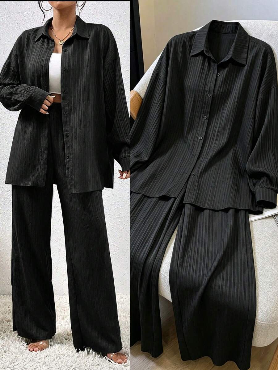 EMERY ROSE Autumn New Textured Fabric Casual Drop Shoulder Hem Slit Shirt And Practical Side Pocket Wide Leg Pants 2 Pieces Set For Women - Black - View 1