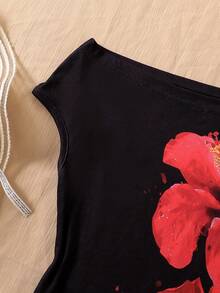 Tween Mädchen Teenager Off-Shoulder Kurzarm T-Shirt, ein hautfreundliches und bequemes Top für den Sommer. Mit einem schwarzen Blume Muster-Design, hat es einen taillenformenden Effekt, um die Figur zu verschlanken und ist ein vielseitiger Stil. Es ist ein lässiges, modisches T-Shirt für ältere und mittlere Kinder, ein stilvoller Off-Shoulder Kurzarm für Kinder, bequem für den täglichen Schulbesuch und Ausflüge. - Schwarz - Übersicht 6