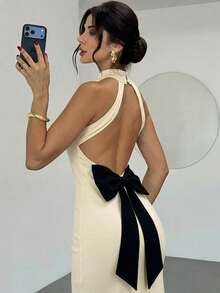 Firerie Women's Elegant Sophisticated Black And White Summer Maxi Dress,Day Party Ball Wedding Guest Valentine's Day Halter Backless Bow Bodycon - Apricot - View 7