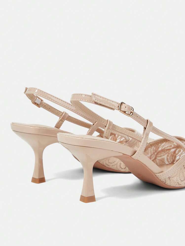 CUCCOO HITCHD Women's Shoes Pointed Mesh Apricot Embroidery Pattern Rhinestone Decorative Rear Strap Fashionable Wear Stiletto High Heel Sandals